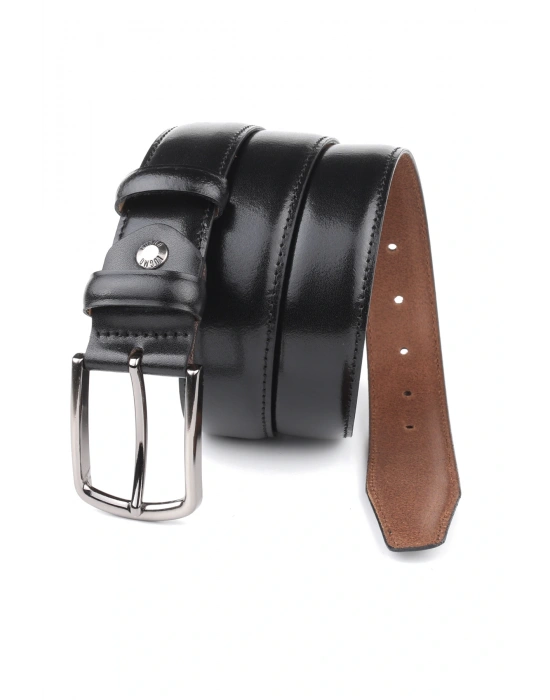 Hakiki Deri Erkek Kemer 3,5 cm Kumaş ve Keten Uyumlu Siyah