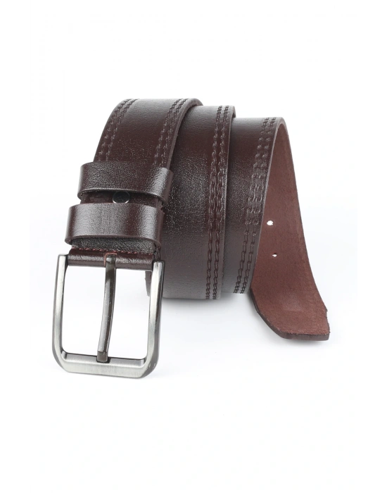 Hakiki Deri Erkek Kemer 4,5 cm Dikiş Desenli Kahverengi