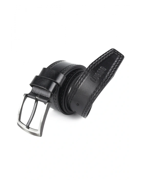Hakiki Deri Erkek Kemer 4,5 cm Dikiş Desenli Siyah