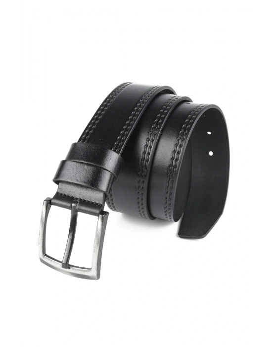 Hakiki Deri Erkek Kemer 4,5 cm Dikiş Desenli Siyah