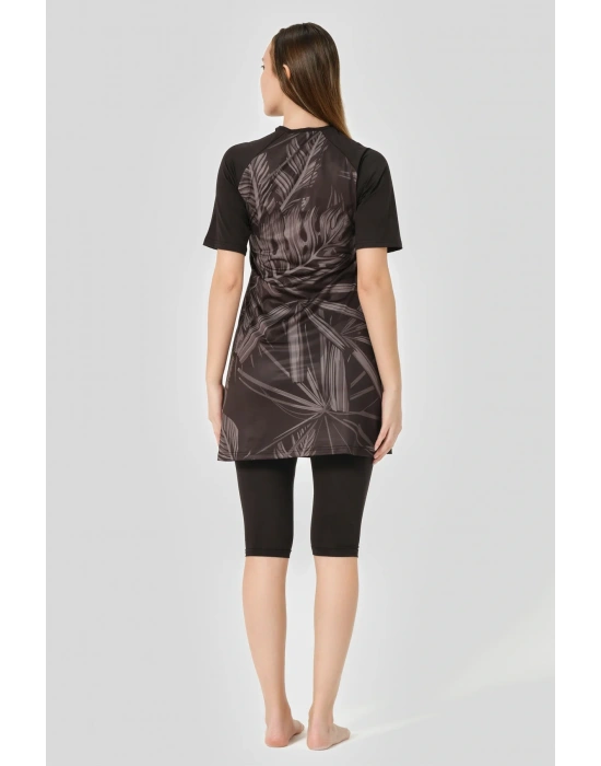 Hızlı Kuruyan Desenli Reglan Yarım Kol Yarı Kapalı Tesettür Mayo 24708-25 Siyah