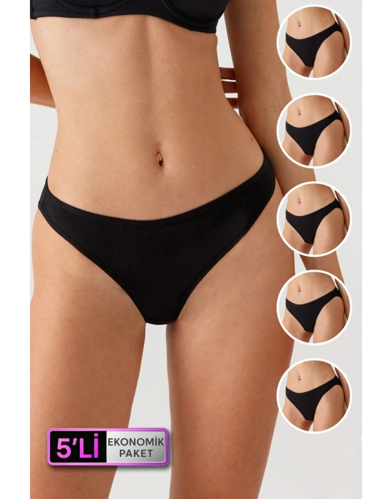 Kadın 5li Ekonomik Paket Siyah 2057 High Leg Classic Pamuklu Basic Külot