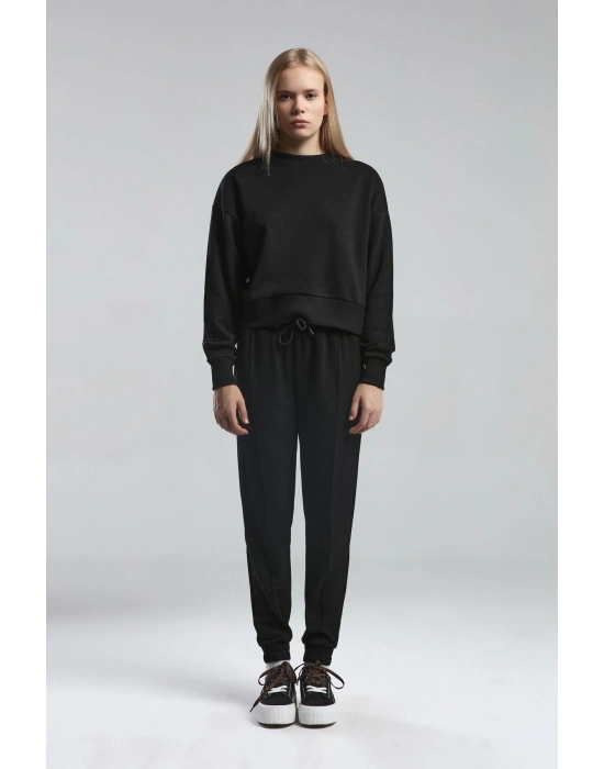 Kadın Basıc Bisiklet Yaka Uzun Kol Sweatshırt Black