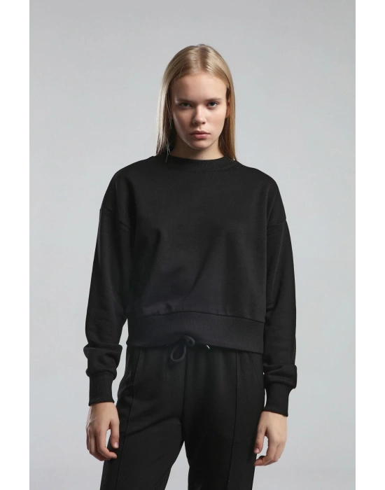 Kadın Basıc Bisiklet Yaka Uzun Kol Sweatshırt Black