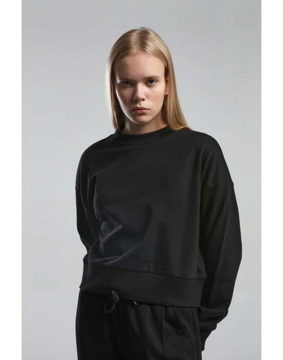 Kadın Basıc Bisiklet Yaka Uzun Kol Sweatshırt Black