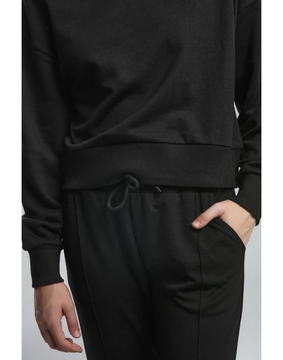 Kadın Basıc Bisiklet Yaka Uzun Kol Sweatshırt Black