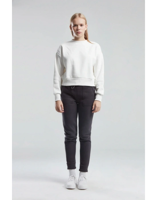 Kadın Basıc Bisiklet Yaka Uzun Kol Sweatshırt Whıte