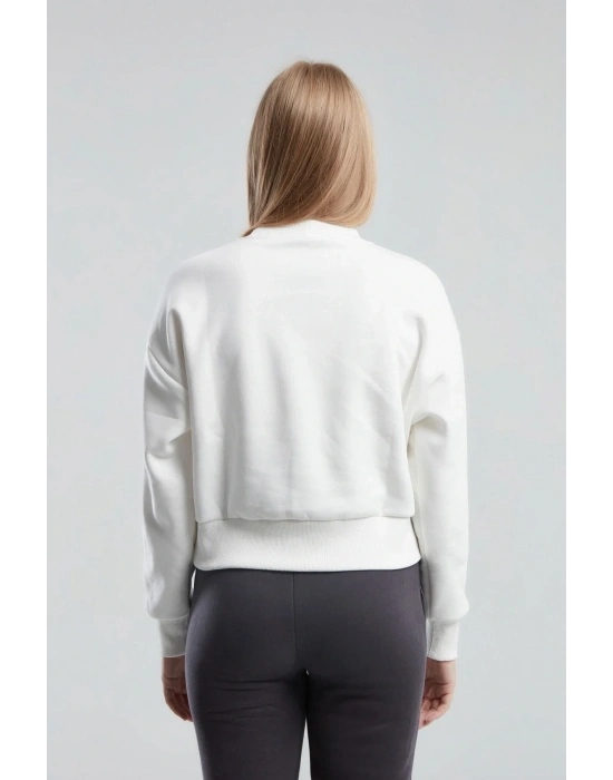 Kadın Basıc Bisiklet Yaka Uzun Kol Sweatshırt Whıte