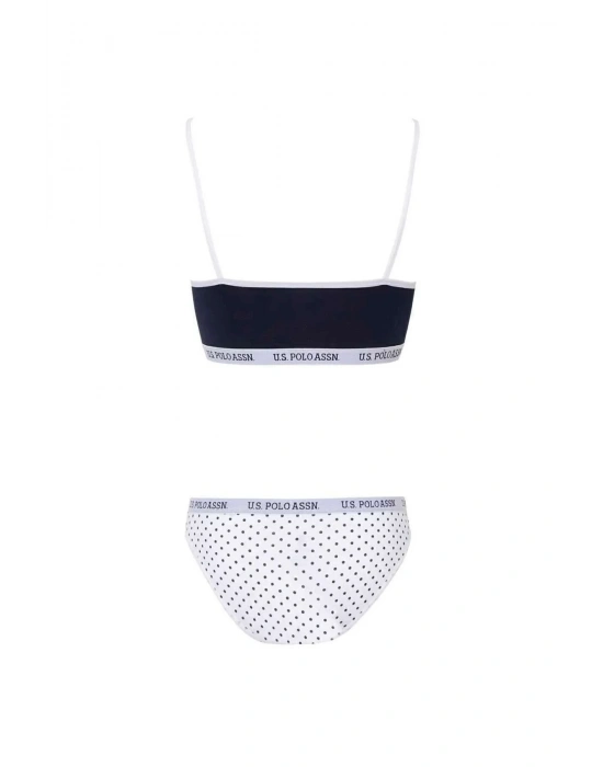 Kadın Beyaz & Lacivert Puantiyeli Likralı Pamuklu Büstiyer Slip Set