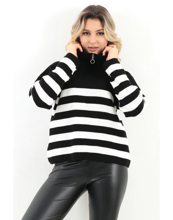 Kadın Çizgili Oversize Kesim Fermuarlı Triko Kazak Siyah