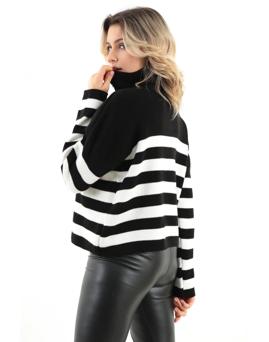 Kadın Çizgili Oversize Kesim Fermuarlı Triko Kazak Siyah