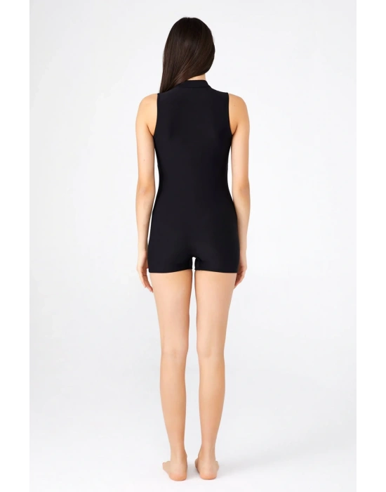 Kadın Kalın Askılı Yarım Fermuarlı Şortlu Yüzücü Mayo Tek Parça Siyah Havuz Mayosu