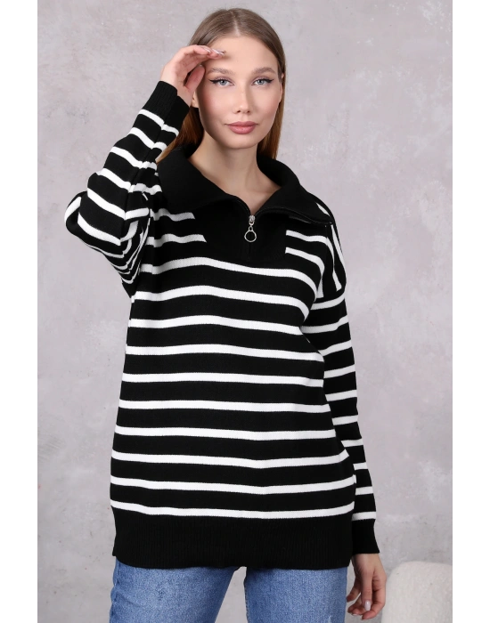 Kadın Kamyoncu Yaka Oversize Çizgili Fermuarlı Uzun Triko Kazak Siyah