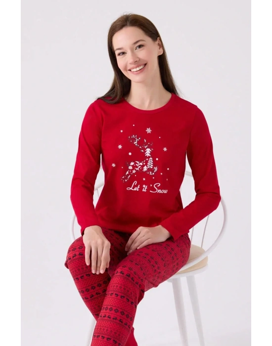Kadın Let İt Snow Kırmızı Uzun Kol Pijama Takımı (anne-kız Kombin Yapılabilir)
