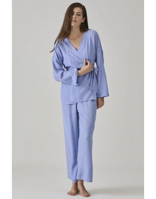 Kadın Mavi Jakarlı Kimono Yaka Pijama Takımı