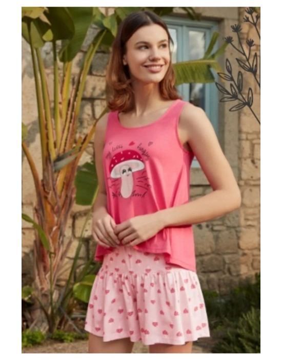 Kadın Pembe Kalın Askılı Şort Pijama Takım