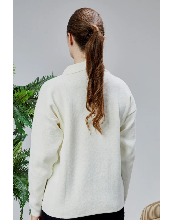 Kadın Polo Yaka Oversize Çiçek Nakışlı Triko Kazak Ekru