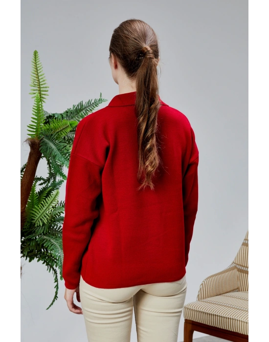 Kadın Polo Yaka Oversize Çiçek Nakışlı Triko Kazak Kırmızı