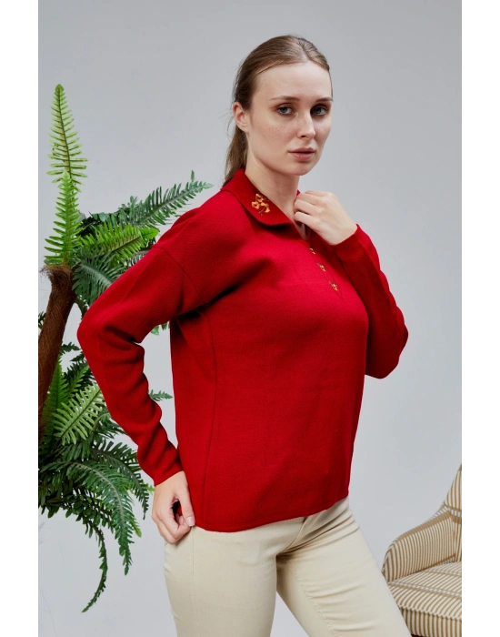 Kadın Polo Yaka Oversize Çiçek Nakışlı Triko Kazak Kırmızı