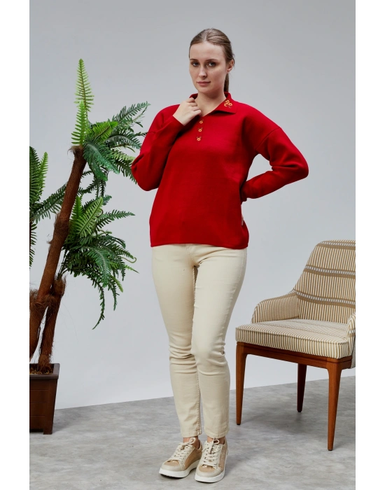 Kadın Polo Yaka Oversize Çiçek Nakışlı Triko Kazak Kırmızı