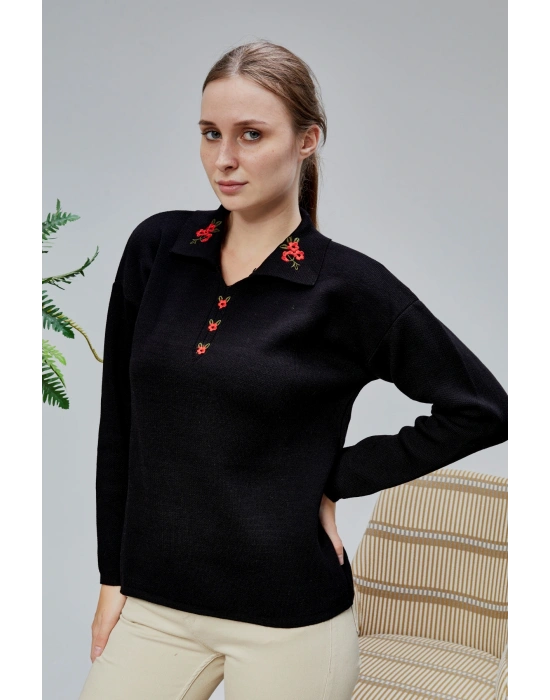 Kadın Polo Yaka Oversize Çiçek Nakışlı Triko Kazak Siyah