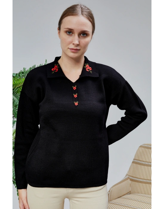 Kadın Polo Yaka Oversize Çiçek Nakışlı Triko Kazak Siyah