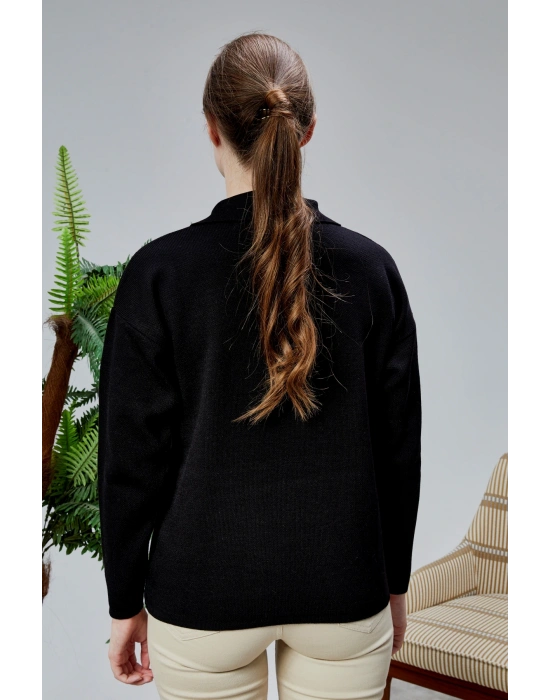 Kadın Polo Yaka Oversize Çiçek Nakışlı Triko Kazak Siyah