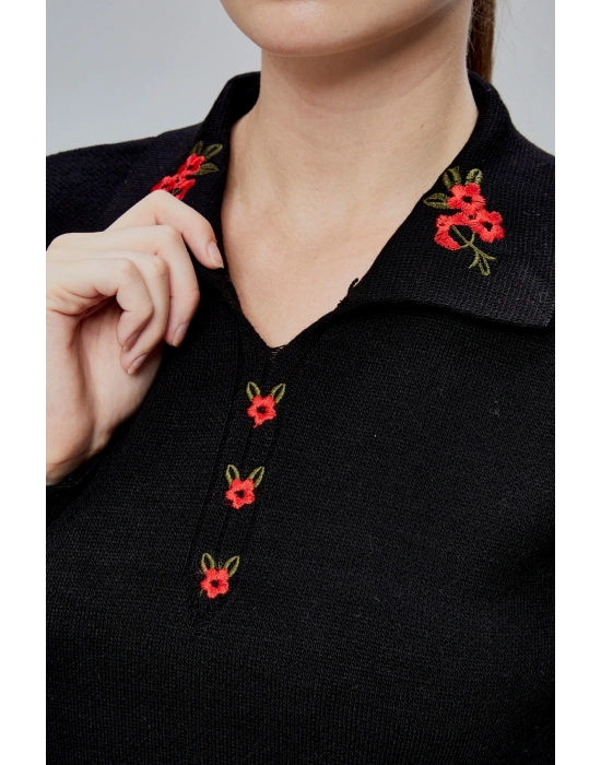 Kadın Polo Yaka Oversize Çiçek Nakışlı Triko Kazak Siyah