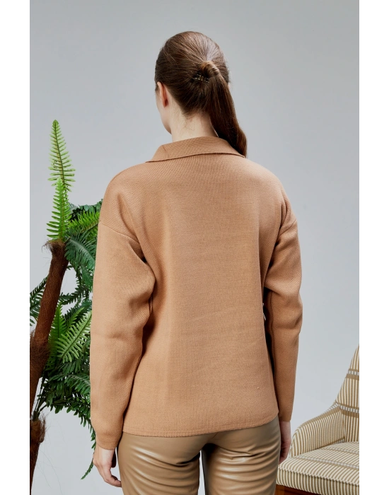 Kadın Polo Yaka Oversize Çiçek Nakışlı Triko Kazak Vizon