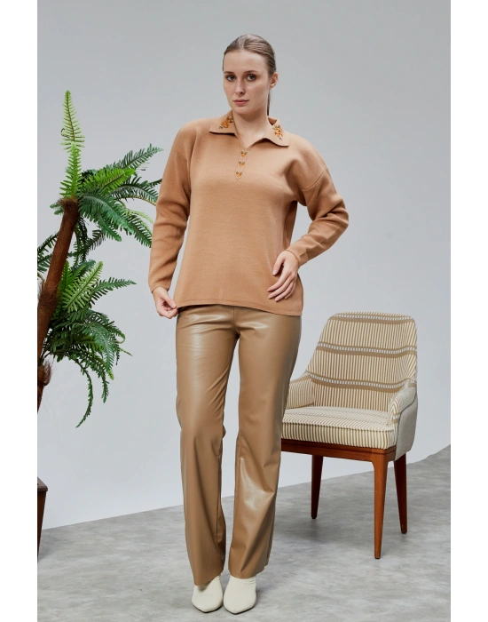 Kadın Polo Yaka Oversize Çiçek Nakışlı Triko Kazak Vizon