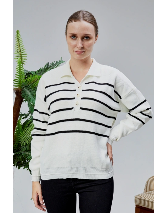 Kadın Polo Yaka Oversize Çizgili 4 Düğmeli Triko Kazak Ekru