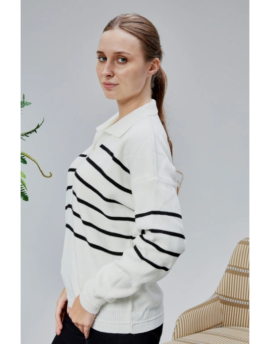 Kadın Polo Yaka Oversize Çizgili 4 Düğmeli Triko Kazak Ekru