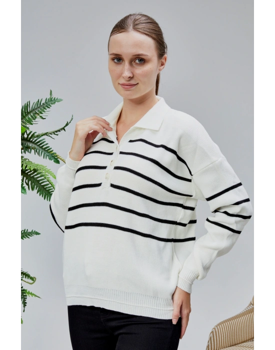 Kadın Polo Yaka Oversize Çizgili 4 Düğmeli Triko Kazak Ekru