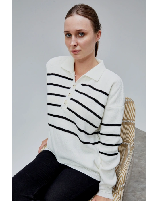 Kadın Polo Yaka Oversize Çizgili 4 Düğmeli Triko Kazak Ekru