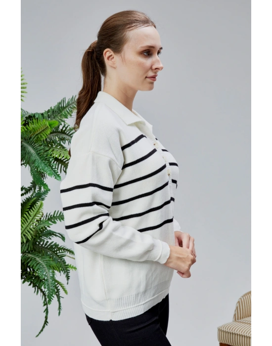 Kadın Polo Yaka Oversize Çizgili 4 Düğmeli Triko Kazak Ekru