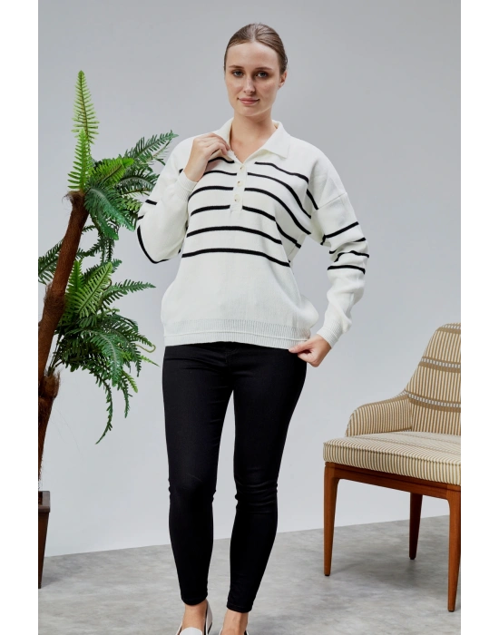 Kadın Polo Yaka Oversize Çizgili 4 Düğmeli Triko Kazak Ekru