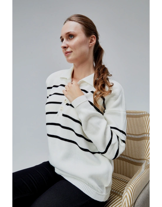 Kadın Polo Yaka Oversize Çizgili 4 Düğmeli Triko Kazak Ekru