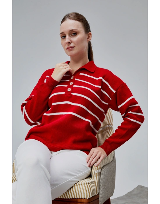 Kadın Polo Yaka Oversize Çizgili 4 Düğmeli Triko Kazak Kırmızı