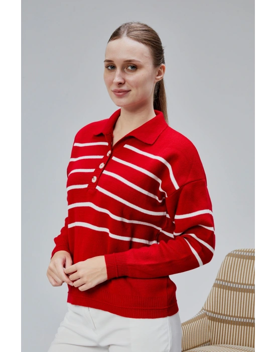 Kadın Polo Yaka Oversize Çizgili 4 Düğmeli Triko Kazak Kırmızı