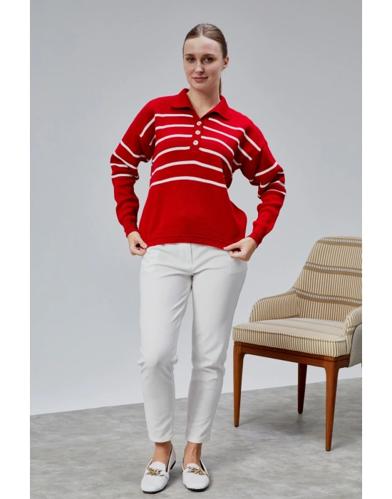 Kadın Polo Yaka Oversize Çizgili 4 Düğmeli Triko Kazak Kırmızı