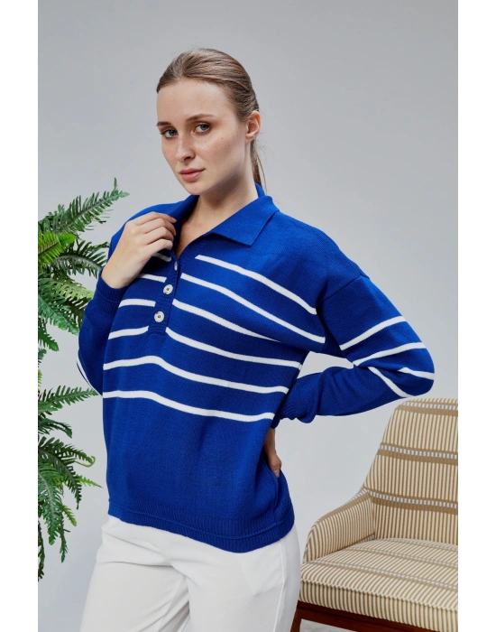 Kadın Polo Yaka Oversize Çizgili 4 Düğmeli Triko Kazak Saks Mavi