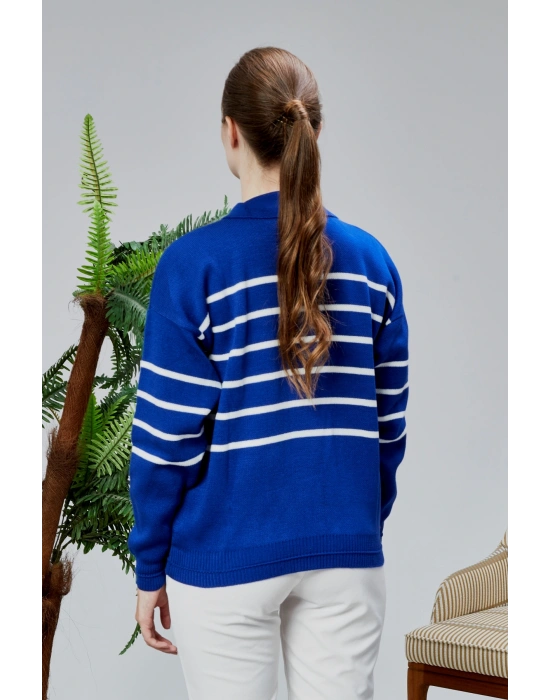 Kadın Polo Yaka Oversize Çizgili 4 Düğmeli Triko Kazak Saks Mavi