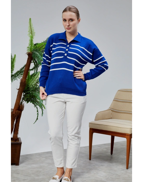 Kadın Polo Yaka Oversize Çizgili 4 Düğmeli Triko Kazak Saks Mavi