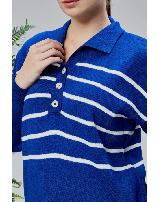 Kadın Polo Yaka Oversize Çizgili 4 Düğmeli Triko Kazak Saks Mavi