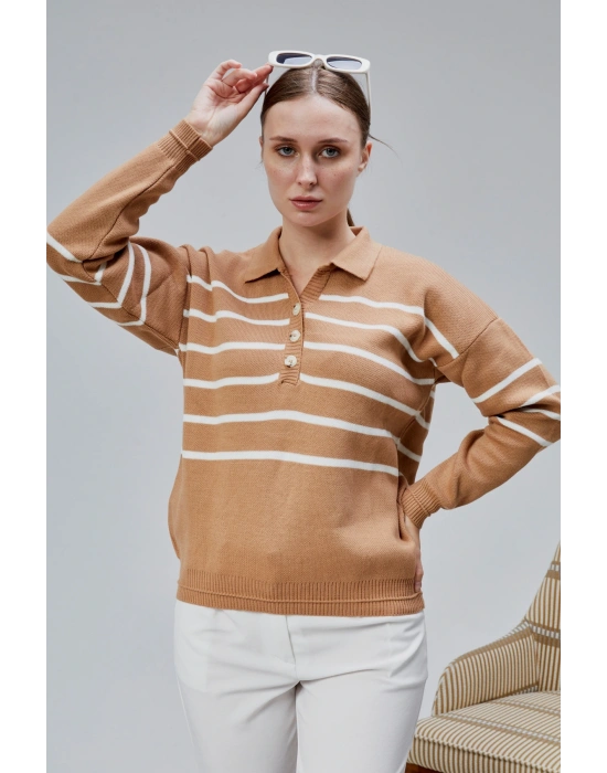 Kadın Polo Yaka Oversize Çizgili 4 Düğmeli Triko Kazak Vizon