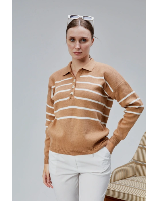 Kadın Polo Yaka Oversize Çizgili 4 Düğmeli Triko Kazak Vizon