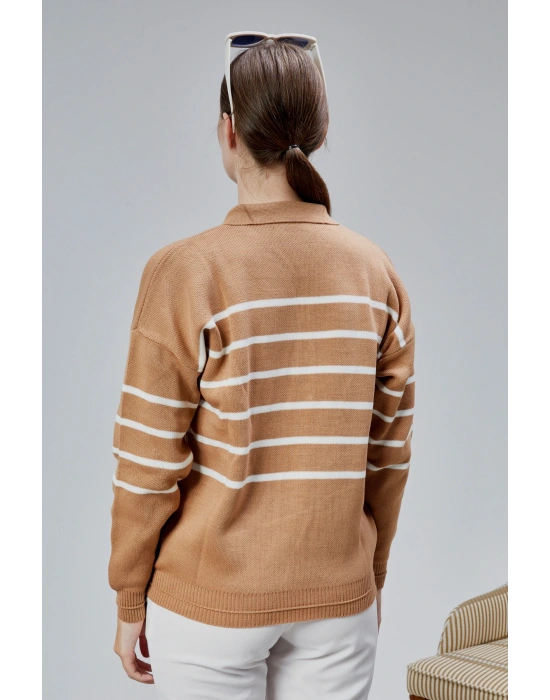 Kadın Polo Yaka Oversize Çizgili 4 Düğmeli Triko Kazak Vizon