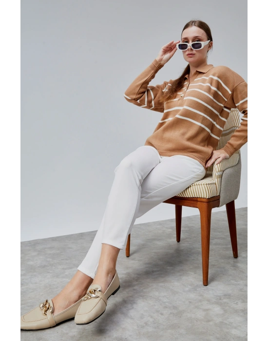 Kadın Polo Yaka Oversize Çizgili 4 Düğmeli Triko Kazak Vizon