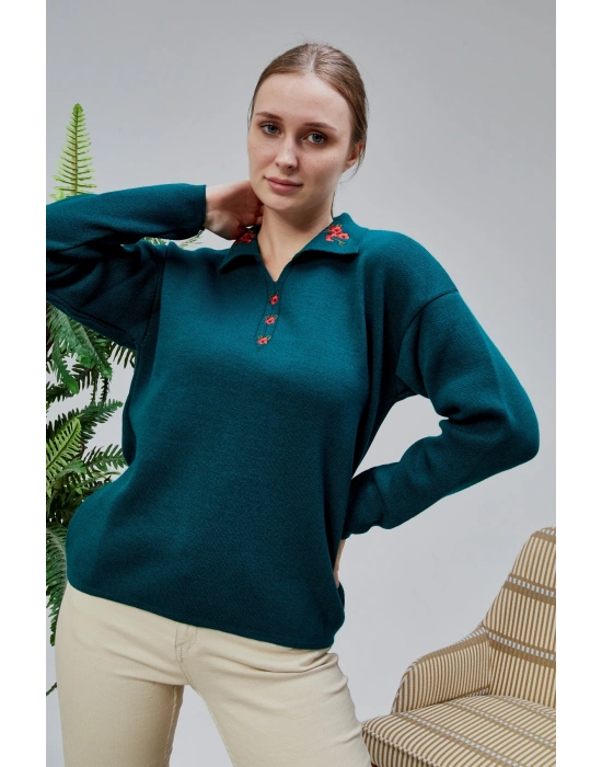 Kadın Polo Yaka Oversize Çizgili 4 Düğmeli Triko Kazak Yeşil