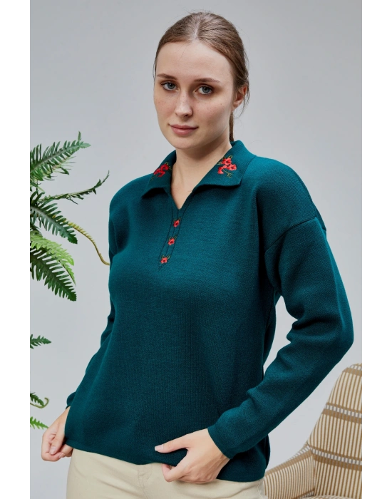 Kadın Polo Yaka Oversize Çizgili 4 Düğmeli Triko Kazak Yeşil